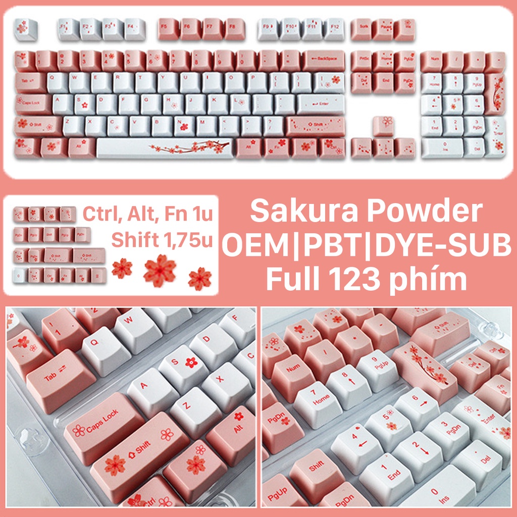 Keycap Sakura Powder Profile OEM nhựa PBT cao cấp in Dye-Sub sắc nét Full 123 phím