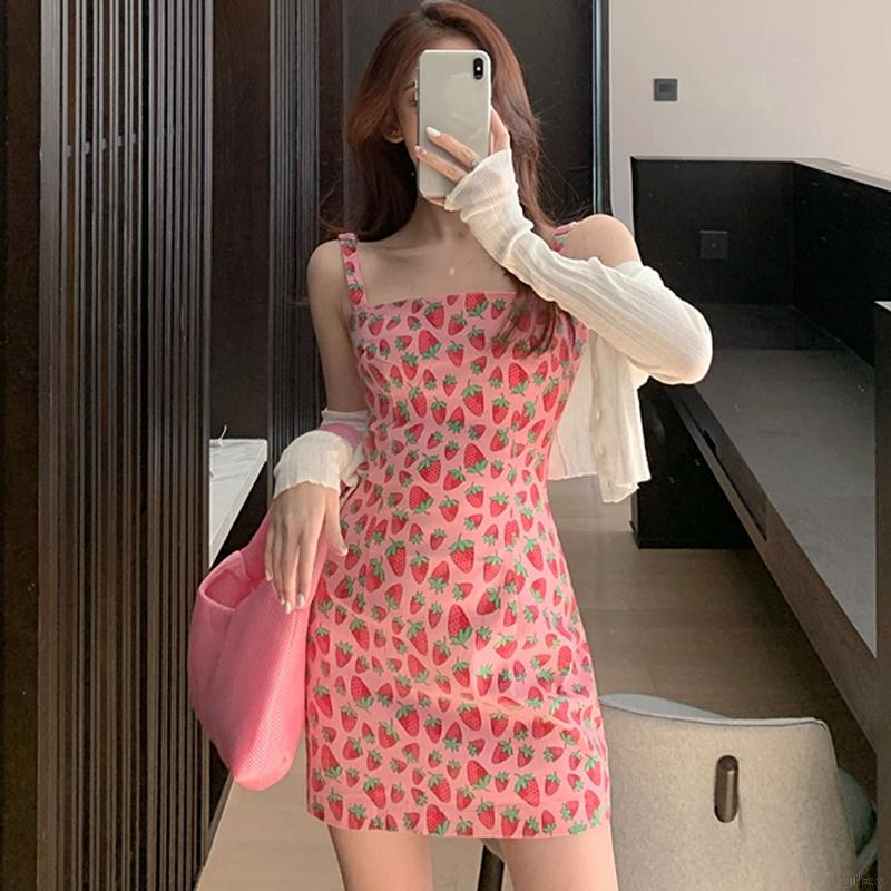 Đầm hai dây in hình dâu tây xinh xắn dễ thương dành cho nữ | BigBuy360 - bigbuy360.vn