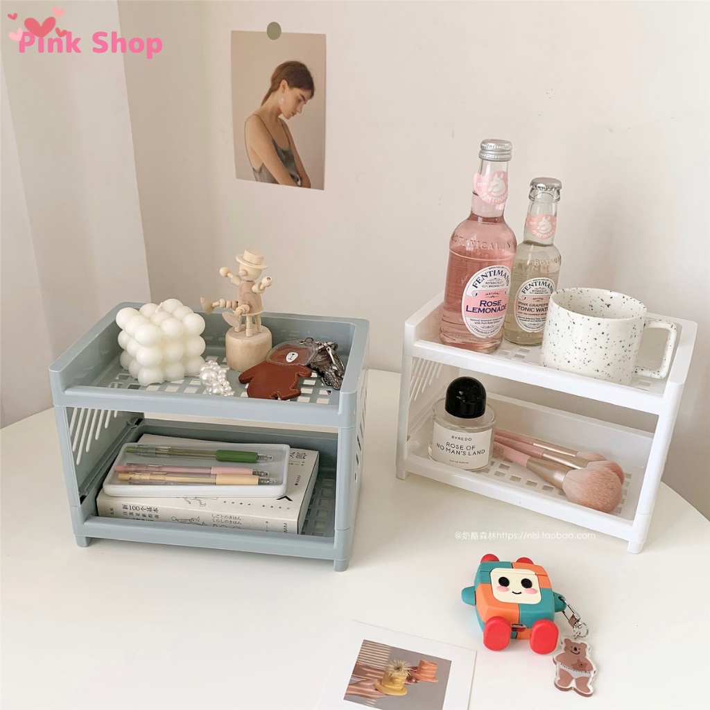 Kệ nhựa để bàn , kệ đựng mỹ phẩm PinkShop 2 tầng kích thước 23x15x15cm