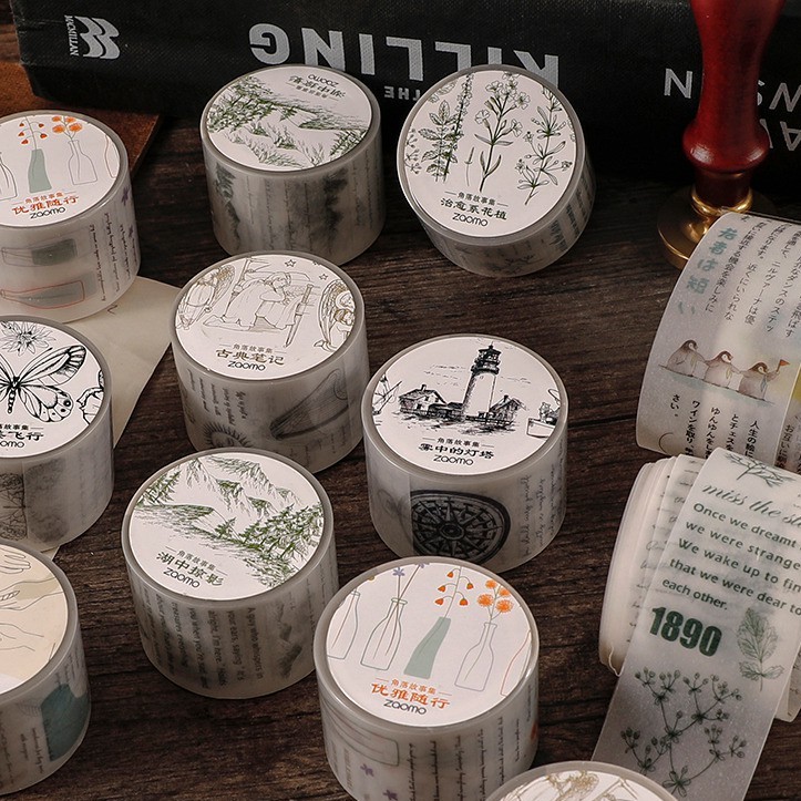 Washi tape vintage lá xanh, thuyền và núi băng keo giấy trang trí phong cách retro