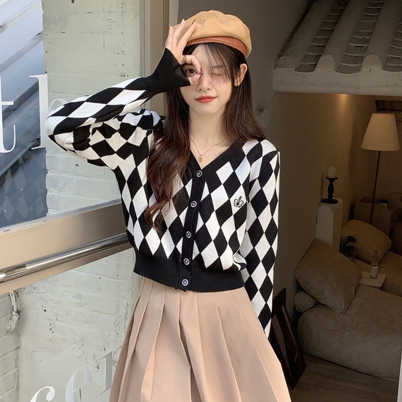 Áo Khoác Cardigan Dệt Kim Dáng Ngắn Cổ Chữ V Kẻ Sọc Caro Thời Trang Cho Nữ