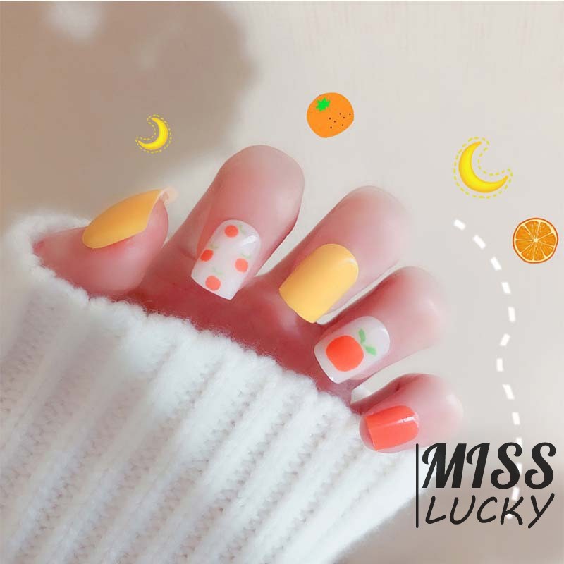 ❤HHN-VN Summer Sweet Orange Fake Nail Art Stickers Ins Women Beauty Manicure Fruit Pattern Square Fa