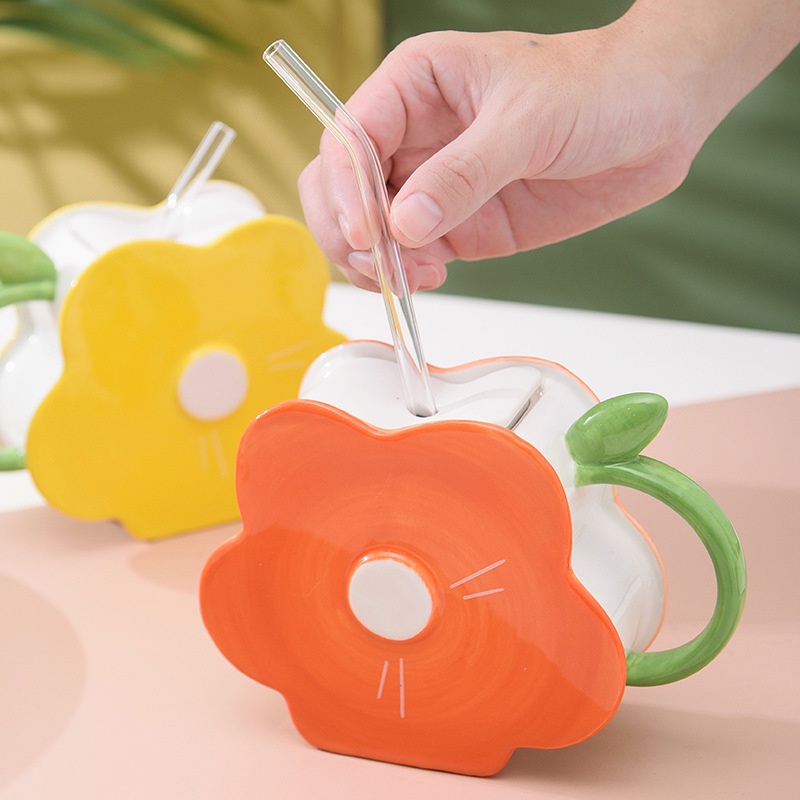 Mới Ly Uống Nước Bằng Gốm Sứ Có Ống Hút Họa Tiết Hoa Xinh Xắn