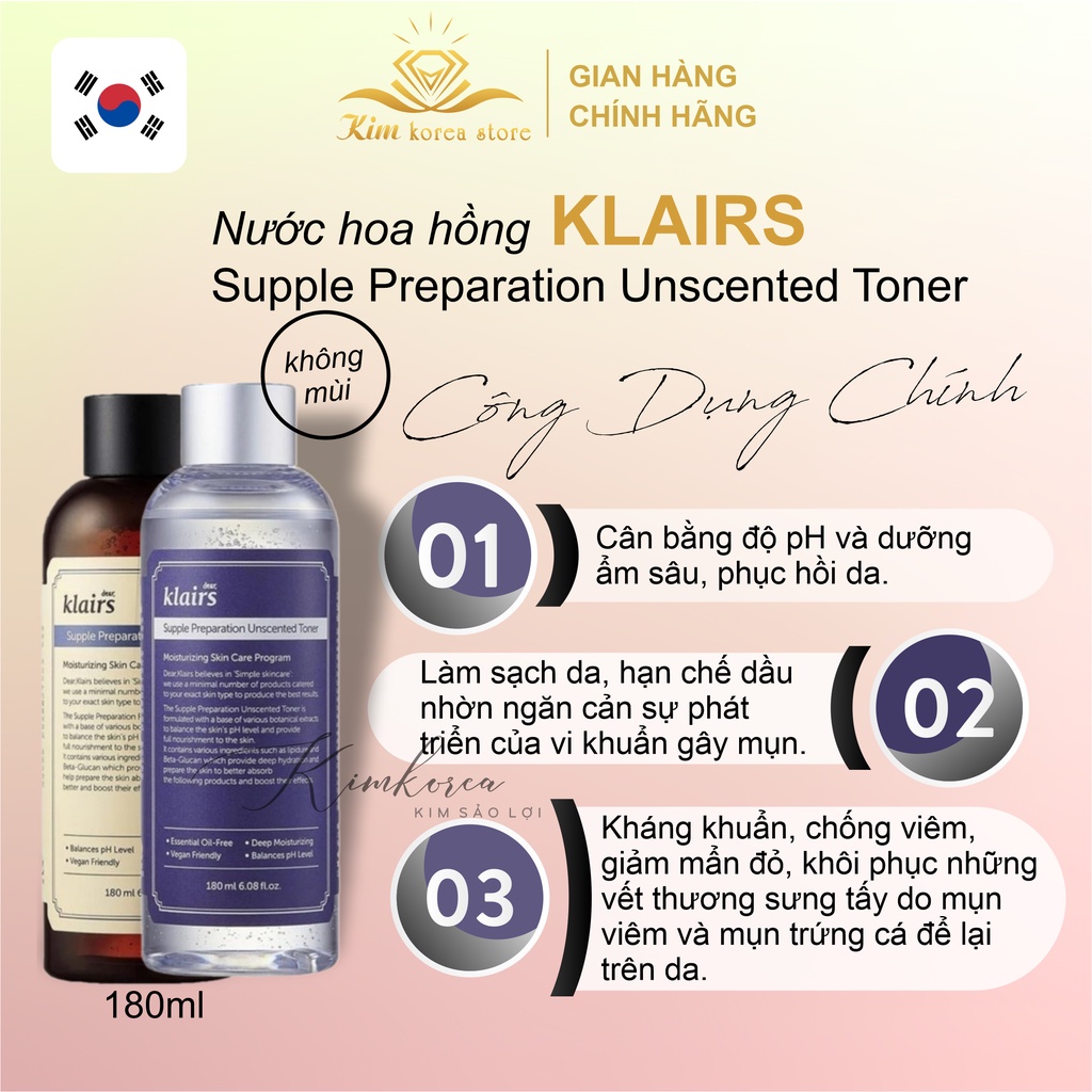Nước hoa hồng dịu nhẹ thoáng da không hương liệu cho da nhạy cảm Toner Klairs Supple Preparation mẫu mới HÀNG AUTH