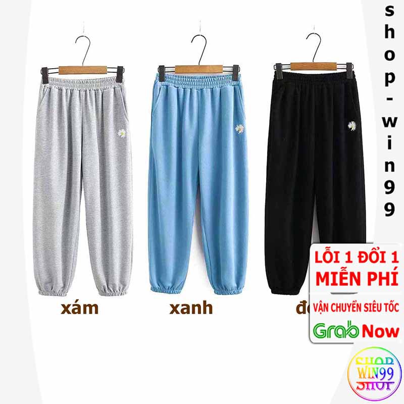 [ CÓ SẴN ] Quần Jogger nỉ thun co giãn siêu thoải mái THÊU HOA CÚC UNISEX MÀU ĐEN XÁM XANH
