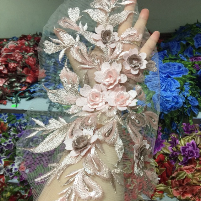 Bông thêu áo dài hoa 3D đính hạt kim sa ( có 4 màu )