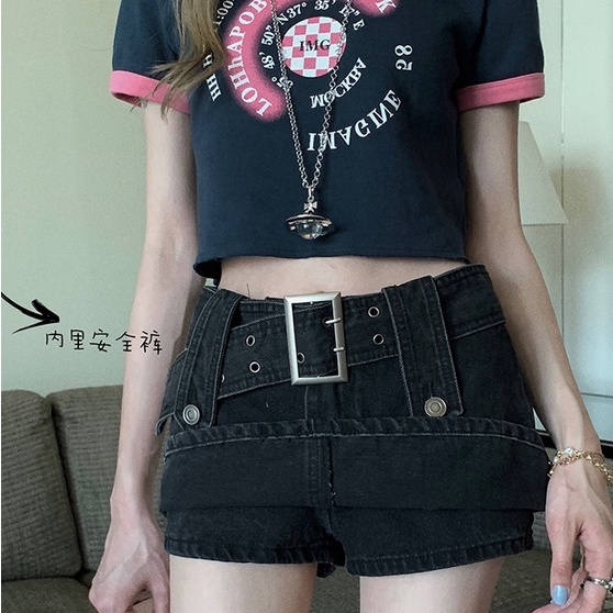 Chân váy denim ZHELIHANGFEI ngắn phối quần bên trong ôm hông phong cách Âu Mỹ cho nữ