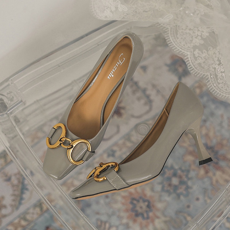 Giày Cao Gót Da Bóng Mũi Vuông Phong Cách Pháp