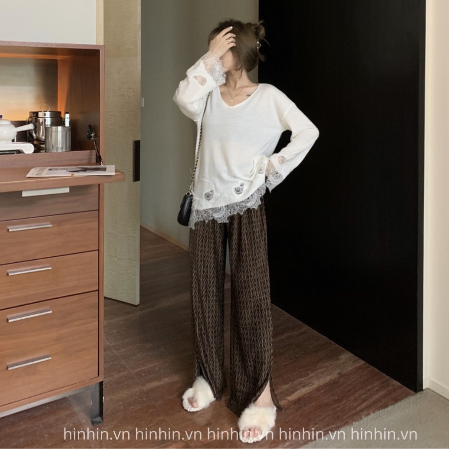 Set áo thun tơ tằm tay ghép ren+ quần thun lạnh hàn quốc siêu sang HS95