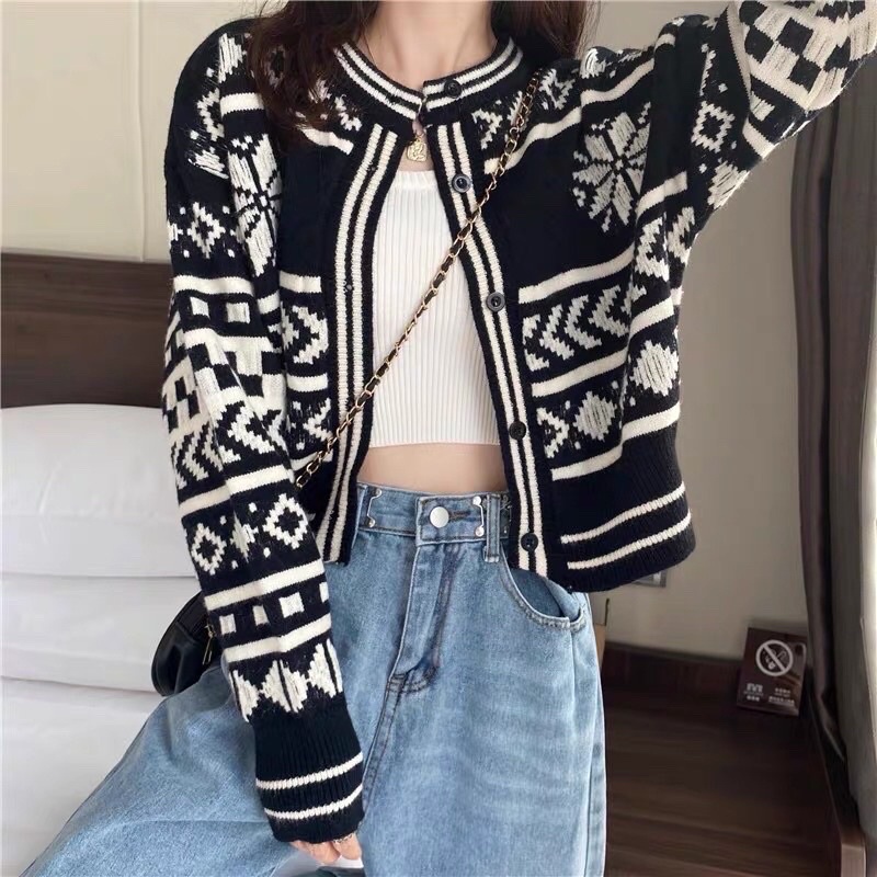 Áo Khoác Cardigan Len Hoạ Tiết Thổ Cẩm, Labibi