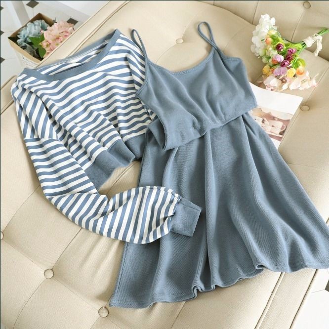 Set Áo Thun Dài Tay Sọc Ngang + Đầm Yếm Xẻ Tà Phong Cách Hàn Quốc Dành Cho Nữ Size S-2xl
