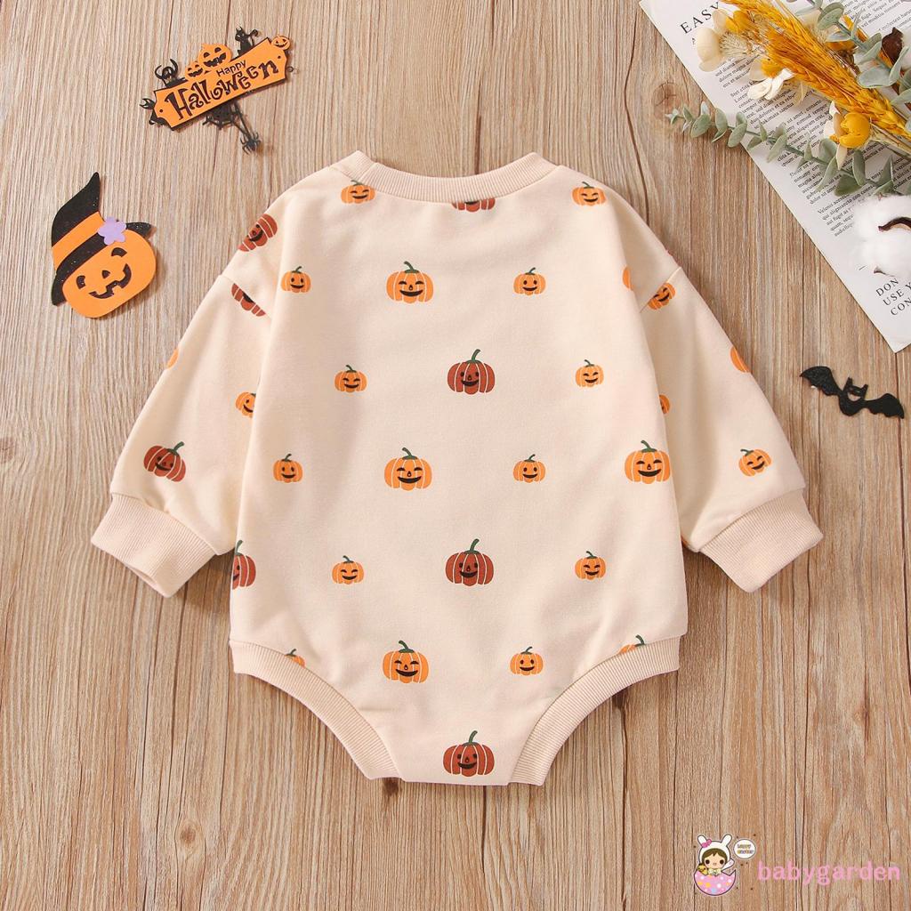 Áo Liền Quần Tay Dài Cổ Thuyền In Hình Bí Ngô Halloween Cho Bé 3-18 Tháng Tuổi