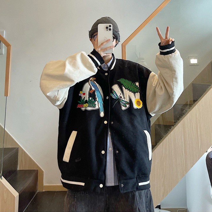 Áo Khoác Bóng Chày Vải Nhung Dáng Rộng Thêu Họa Tiết Kiểu Hàn Quốc Cá Tính Cho Nam