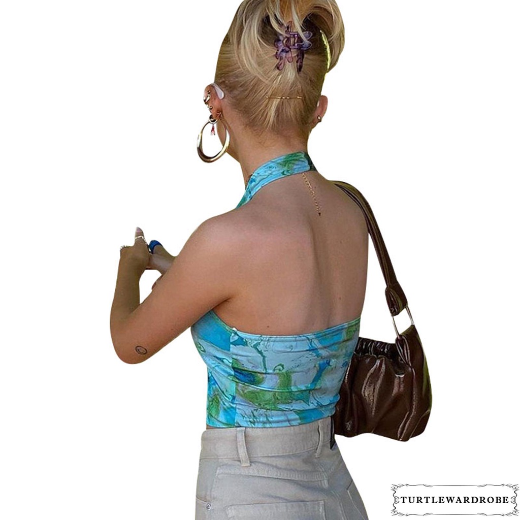 ◕‿◕Women Halter Tank Tops, Sexy Sleeveless Tie-Dye Print Ruched Ring Front Slim Fit Camisole