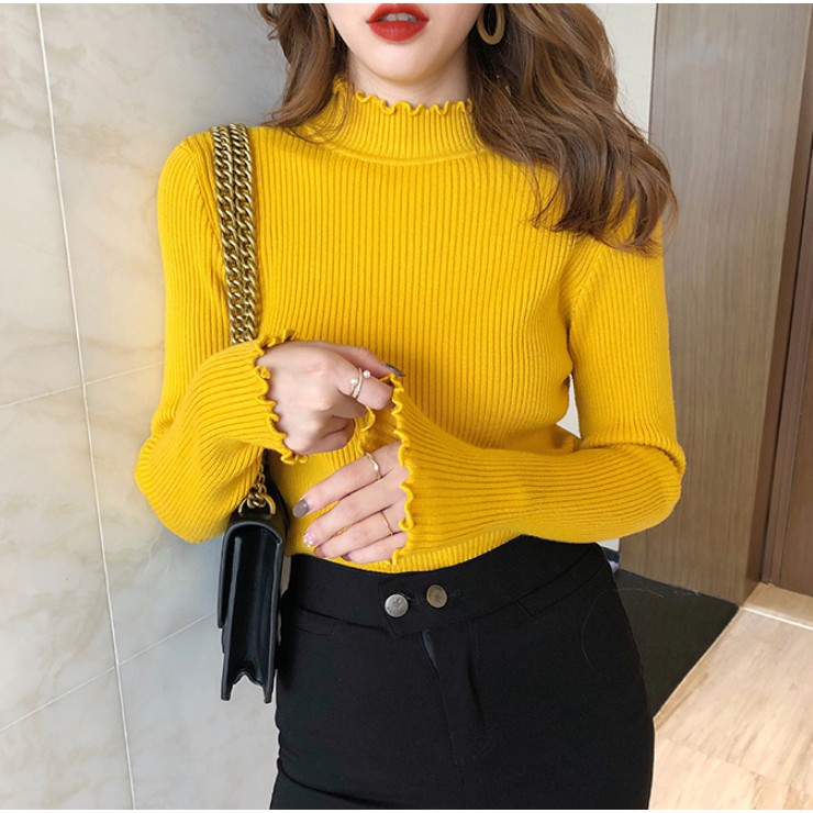 Áo sweater dệt kim màu trơn tay dài xinh xắn cho nữ