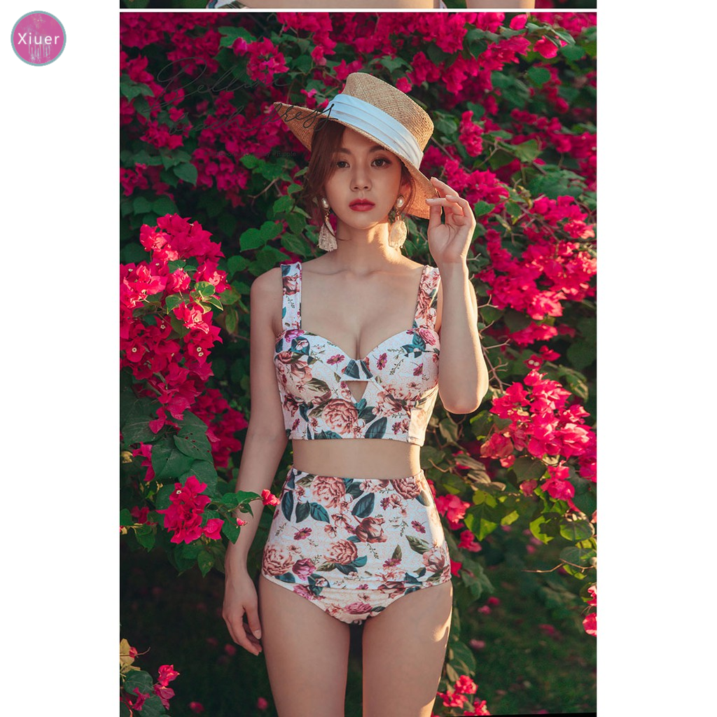 Bikini lưng cao gợi cảm, áo tắm hoa đeo chéo, vải cao cấp, có ngực xốp, đồ đi biển Y07 | BigBuy360 - bigbuy360.vn
