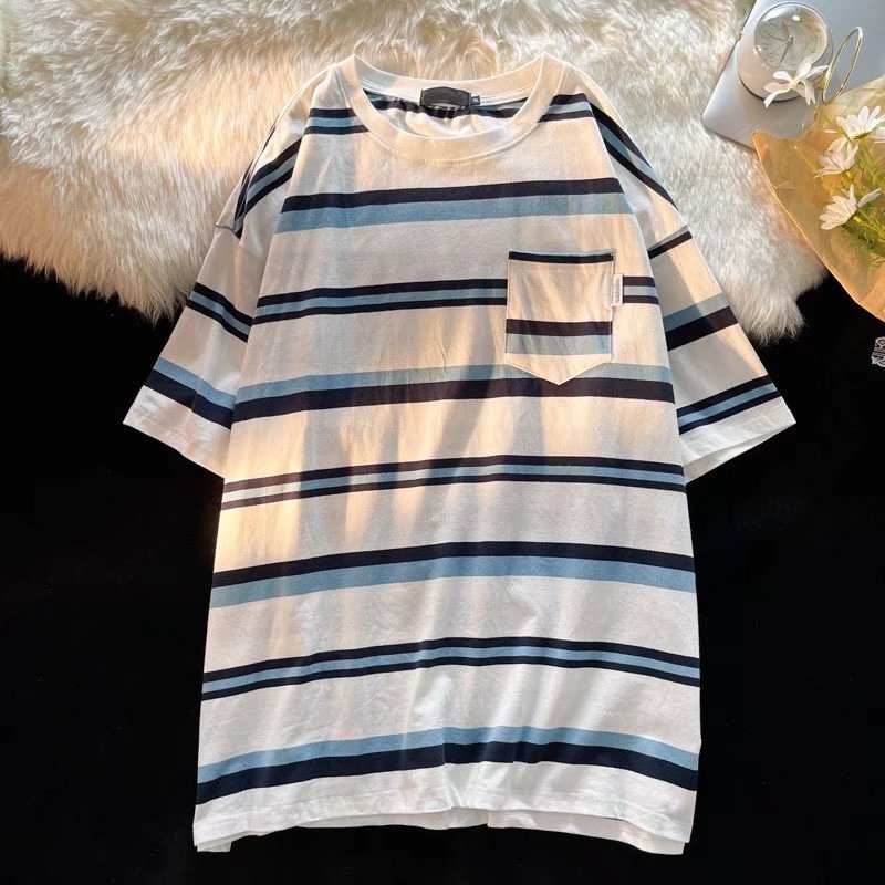 Áo Thun Tay Ngắn Dáng Rộng Họa Tiết Kẻ Sọc Phong Cách Hip Hop Đường Phố Hàn Quốc Thời Trang Mùa Hè Cho Nam Cỡ Lớn M-2XL