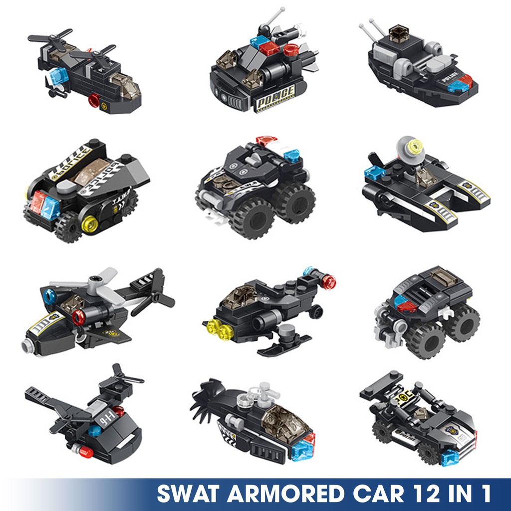 Bộ lắp ghép kiểu LEGO 12 in 1 mô hình SWAT Armored Car, bộ ghép hình cho trẻ phát triển tính sáng tạo