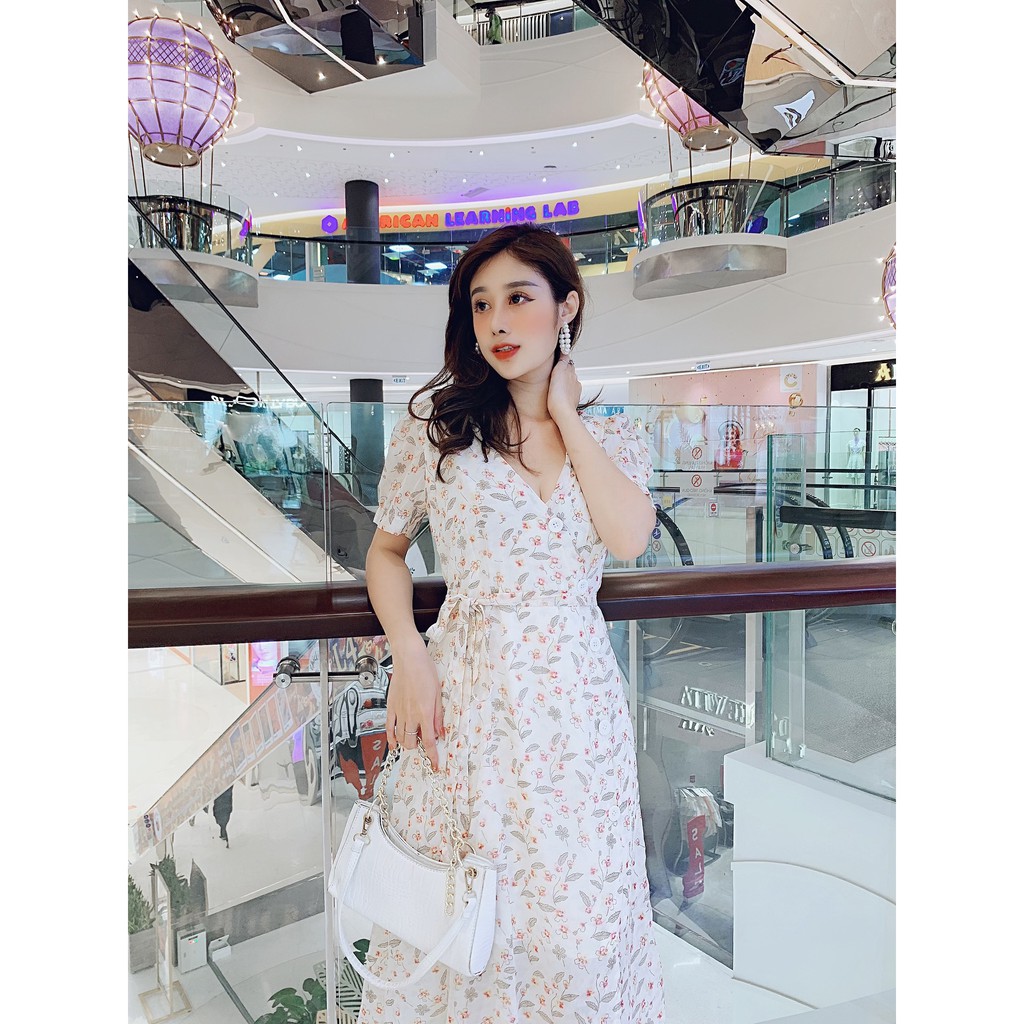 Đầm suông hoa tay con phối nút kèm dây cột so hot phù hợp đi chơi, đi dạo phố đi tiệc - Thời trang VADA (VD131)