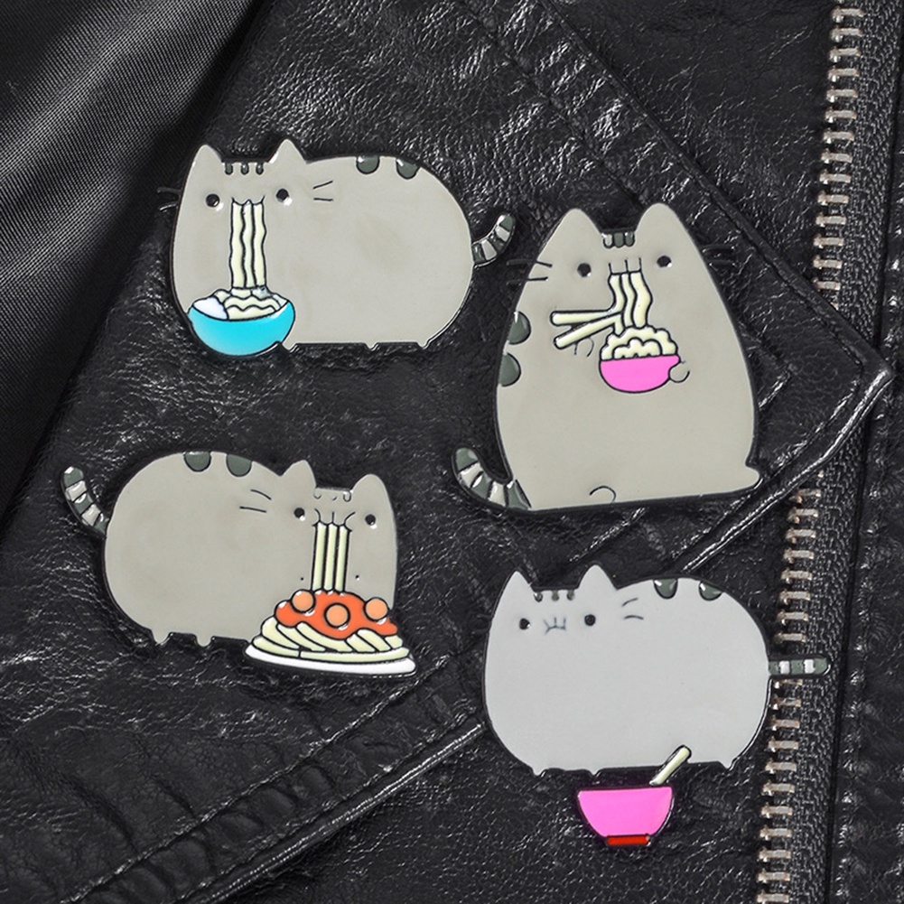 YOML✔Cute Cartoon Fat Cat Eat Noodles Enamel Brooch Pin Collar Lapel Badge Jewelry