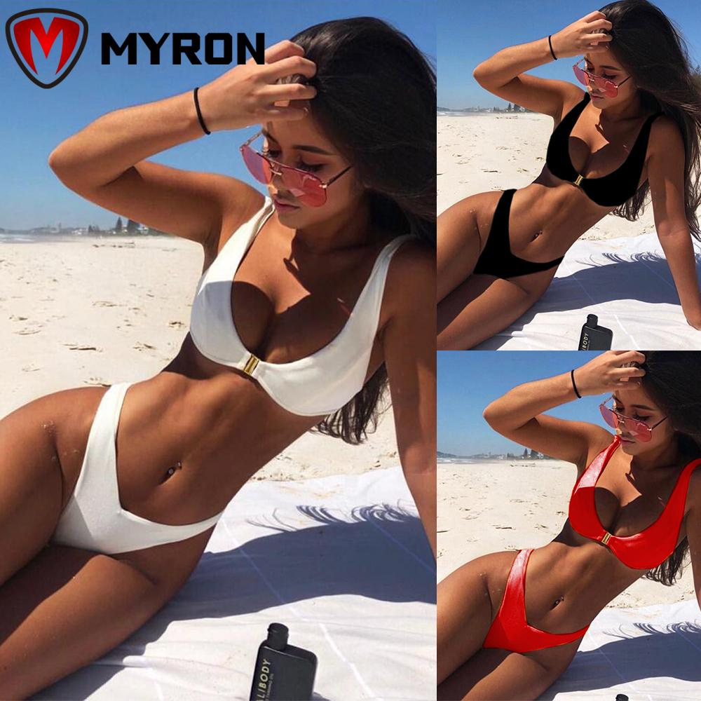 Bộ Đồ Bơi Bikini Màu Sắc Trơn Cổ Chữ V Eo Thấp Phong Cách Brazil Thời Trang Mùa Hè Cho Nữ