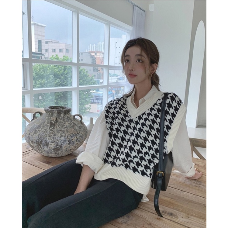 DUNEA Áo Len Không Tay Cổ Chữ V Họa Tiết Houndstooth Quyến Rũ Thời Trang Dành Cho Nữ