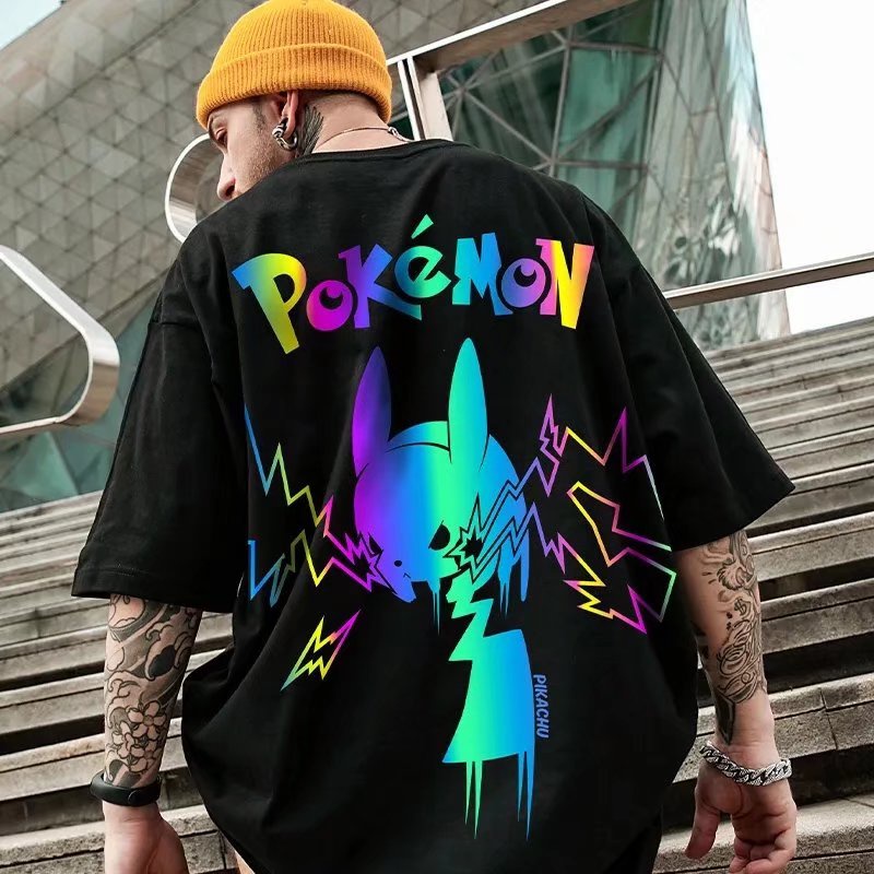 Áo Thun Tay Ngắn Cổ Tròn In Hình Pikachu Phản Quang Nhiều Màu Thời Trang Phong Cách Mỹ Cho Nam Size M-5XL
