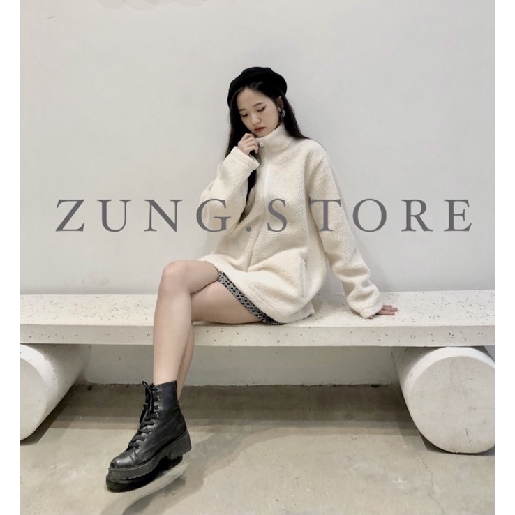 Áo khoác lông cừu mịn freesize cổ cao, dáng rộng nam nữ, couple 2 màu trắng kem và đen (ảnh thật shop chụp) | BigBuy360 - bigbuy360.vn