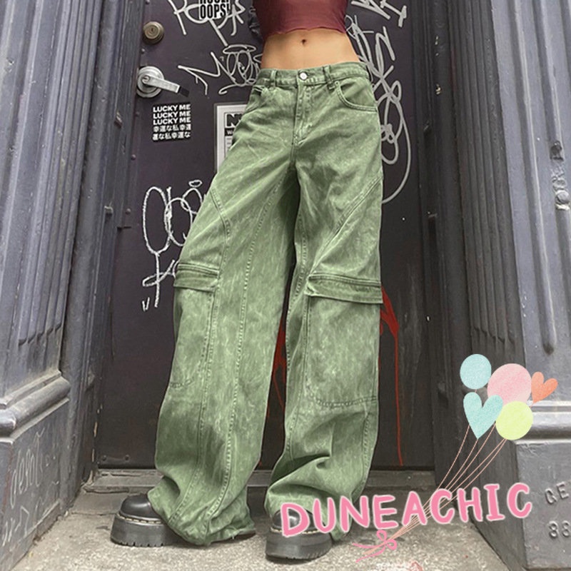 DUNEA Quần Denim Ống Rộng Phối Túi Phong Cách Vintage Cho Nữ