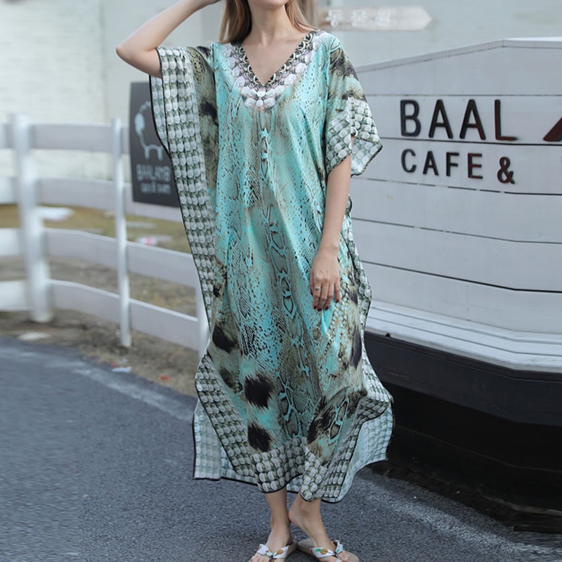 Brroa Áo Choàng Đi Biển Tay Lửng Dáng Dài Kaftan In Hoa Lông Vũ Nhiều Màu Phong Cách Bohemian Mùa Hè Cho Nữ