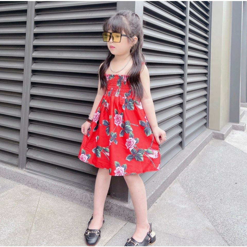 Váy bé gái hai dây bo ngực kèm Mũ, Đầm hoa dáng xòe xếp ly cực xinh cho bé từ 7 đến 18 kg, SUN KID'S