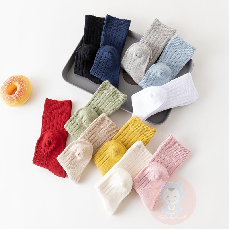 Laa6- Tất Dệt Kim Cao Đến Đầu Gối Không Đường May Màu Trơn Có Gân Dành Cho Bé Tập Đi