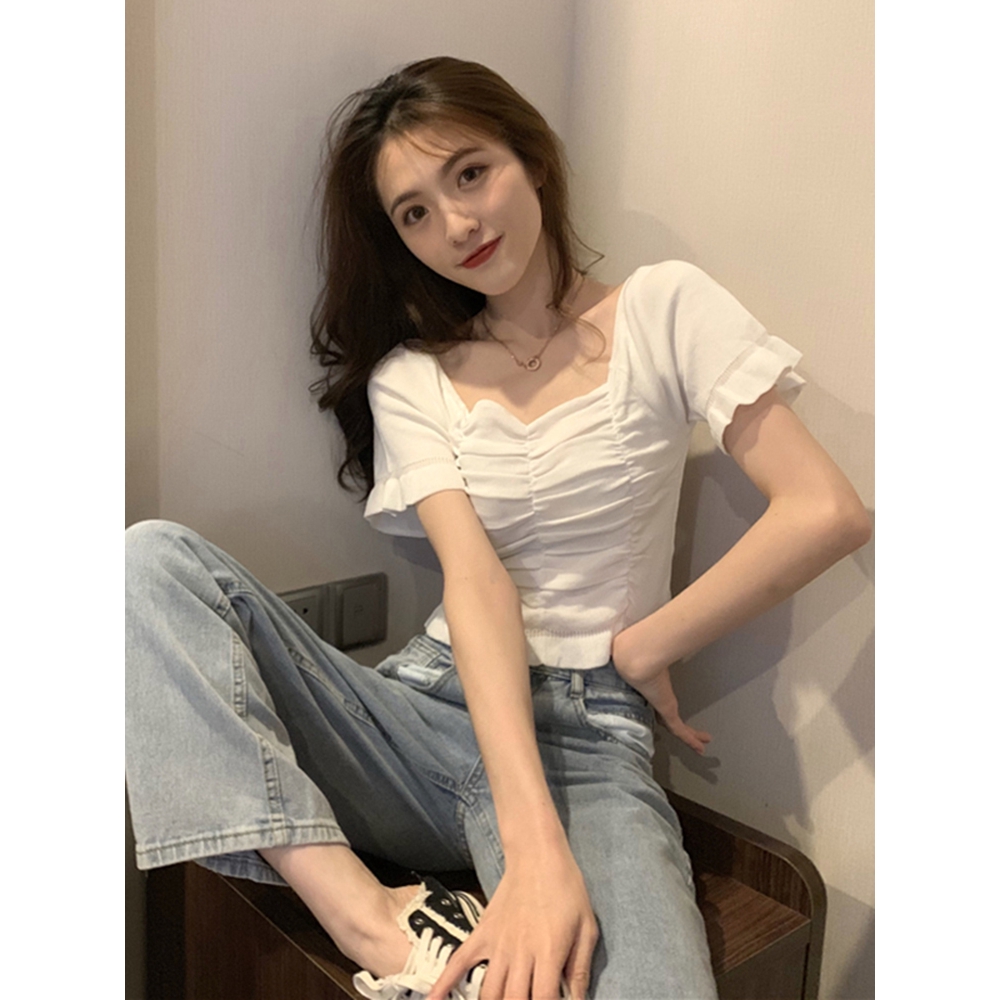 (Sẵn vàng trắng)Áo croptop ôm body nữ tay ngắn 2021, áo kiểu nữ đẹp màu trắng, đen, vàng cổ vuông sang chảnh | BigBuy360 - bigbuy360.vn