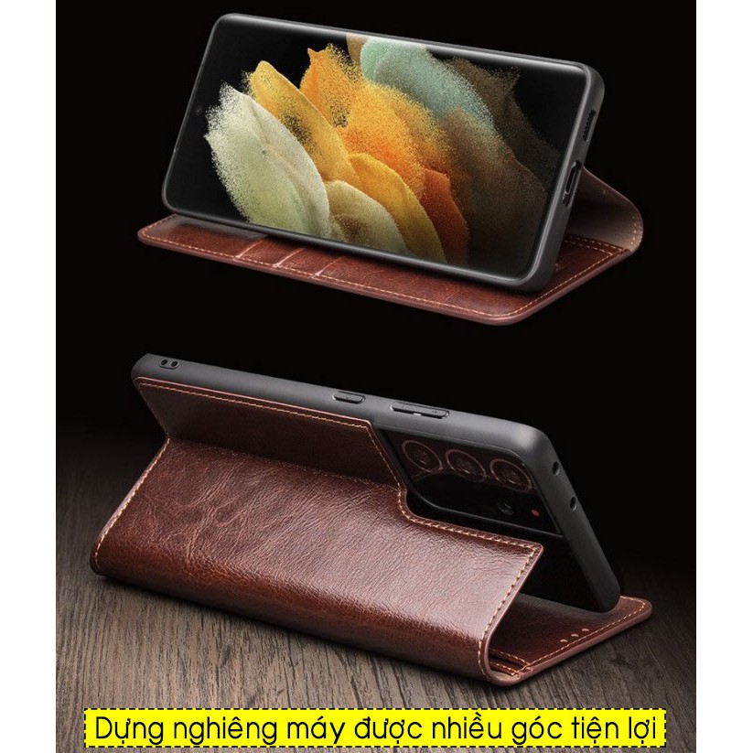 Bao da Samsung S21 Ultra 5G Qlino Wallet da bò thật - Hàng Chính Hãng.