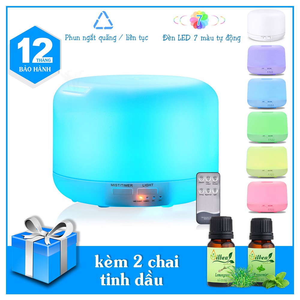 Máy phun sương tinh dầu tạo ẩm 300ml có remote điều khiển kèm 2 tinh dầu sả chanh và bạc hà 10ml