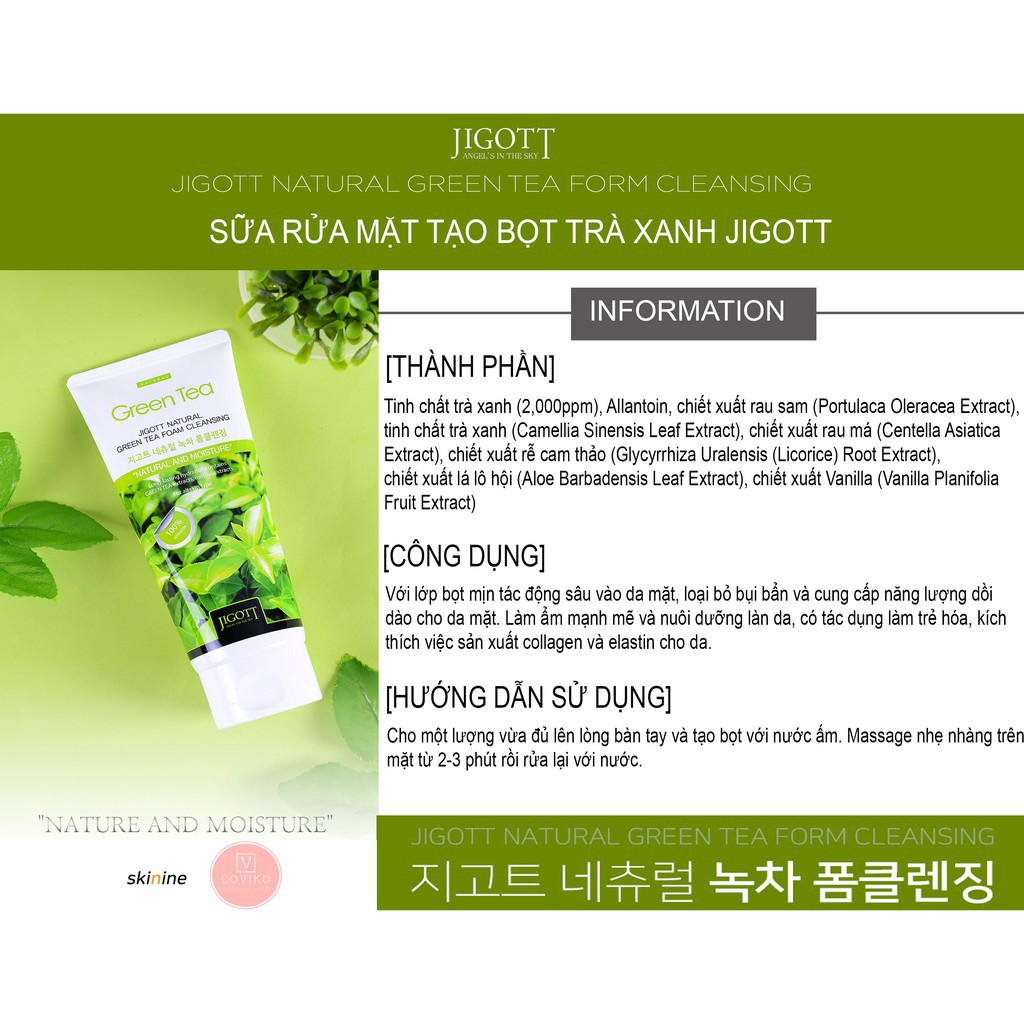 [Mỹ Phẩm Hàn Quốc]Sữa Rửa Mặt Chiết Xuất Trà Xanh Jigott Natural Green Tea Foam Cleansing 180ml