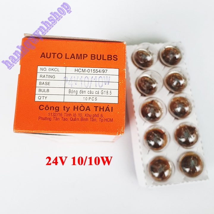 Hộp 10 Bóng đèn ô tô xe máy 12V 10/10W hoặc 24V 10/10W 2 tóc đui cài
