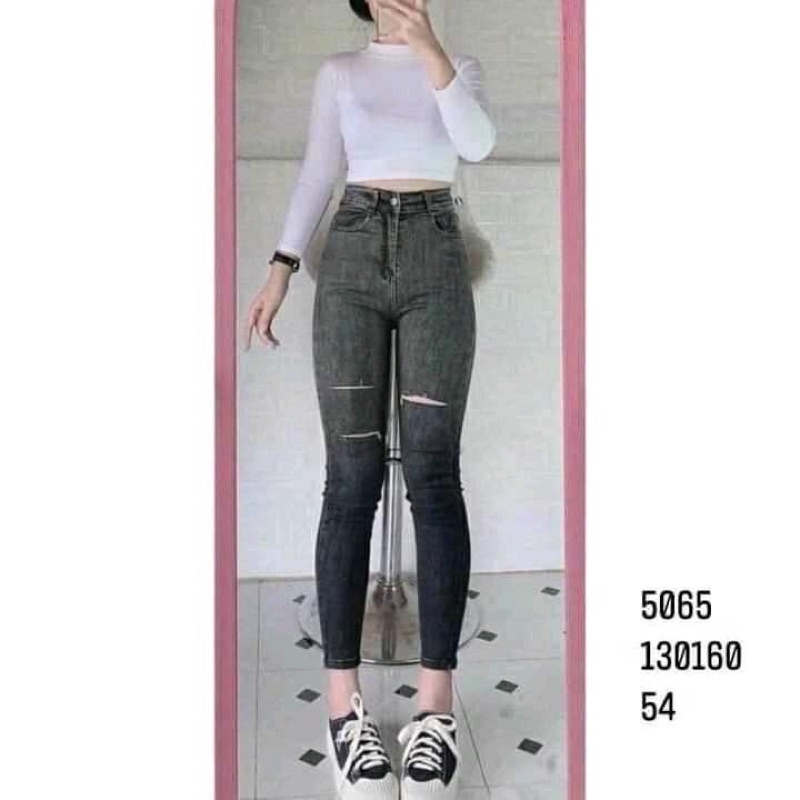 Quần jeans nữ- Quần bò co dãn tôn dáng lưng cao rách loang màu đen phong ulzzang cách hàn quốc