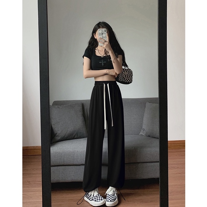 【ZHELIHANGFEI】Quần Ống Rộng Lưng Cao Theo Phong Cách Preppy