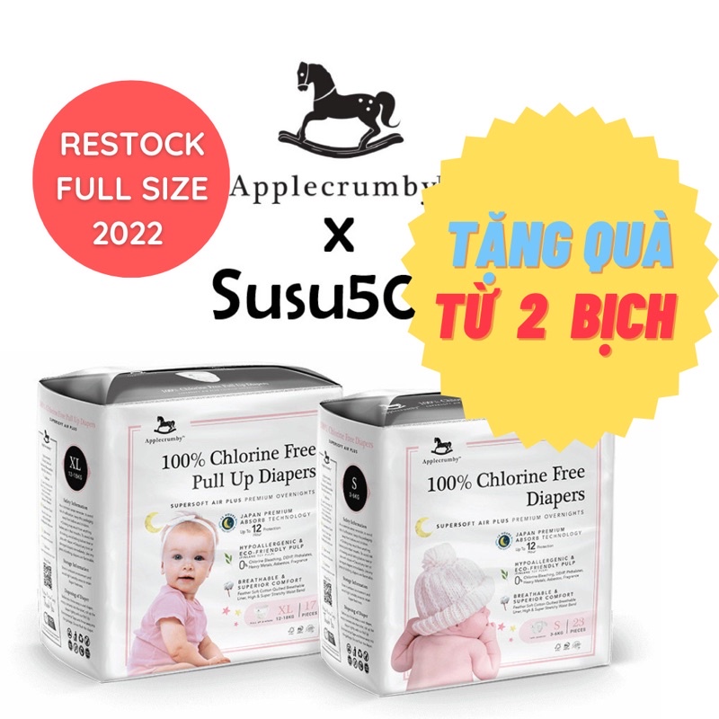 Tã/bỉm Applecrumby Air Plus Overnights siêu cao cấp dán/quần đủ size M21/L19/XL17/XXL15 [Hàng chính ngạch]