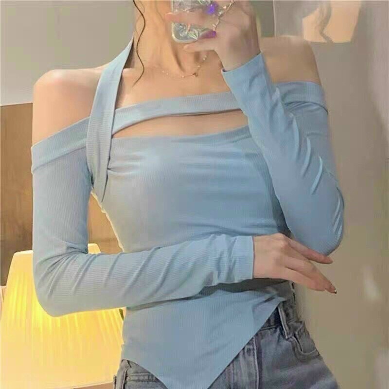 Áo thun gân len tay dài trễ vai hot trend (Ảnh thật)M87777