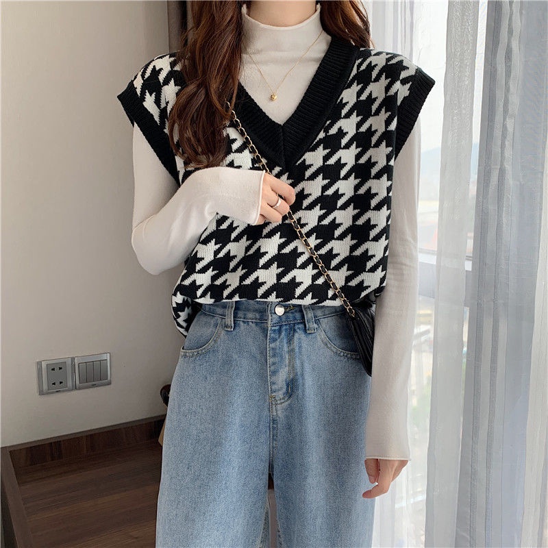 Áo Vest Dệt Kim Cổ Chữ V Màu Sắc Tương Phản Phong Cách Hàn Quốc Thời Trang Cho Nữ