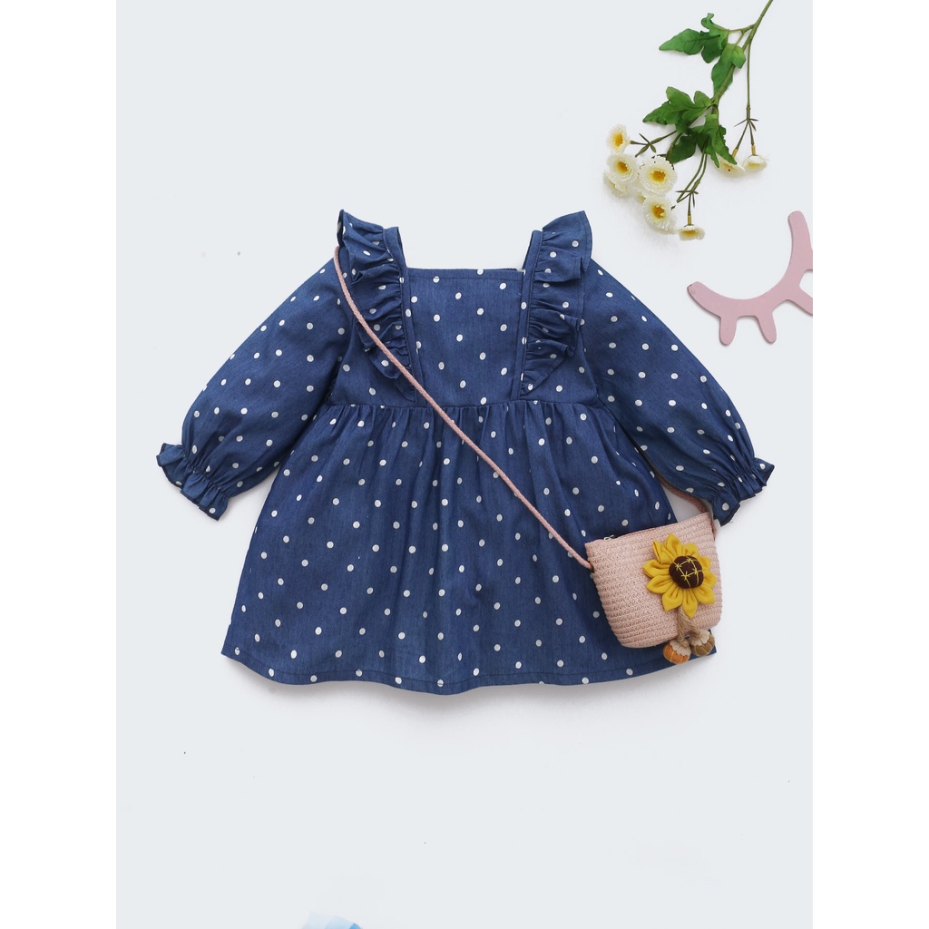 Đầm Mikrdoo thời trang tay dài phối bèo họa tiết chấm bi in đáng yêu dành cho bé gái sơ sinh