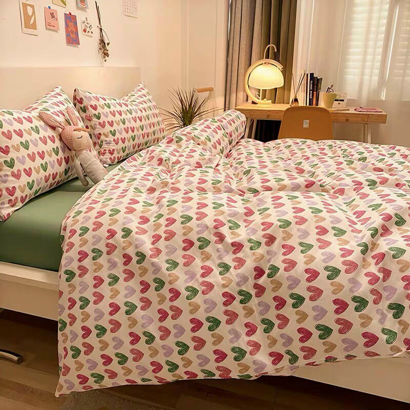 Bộ chăn ga gối poly cotton HQ mưa tim sắc màu nhập khẩu cao cấp - Bo chun ga miễn phí