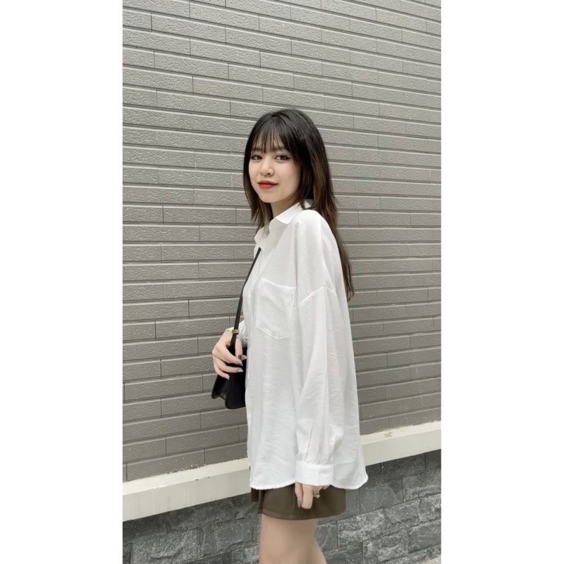 áo sơ mi nữ nam form rộng tay dài 1 túi basic, áo sơ mi unisex dáng dài mặc thoải mái