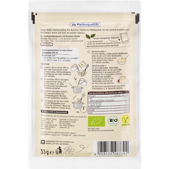 Bột Pudding Vanille hữu cơ dmBio - 35g Đức