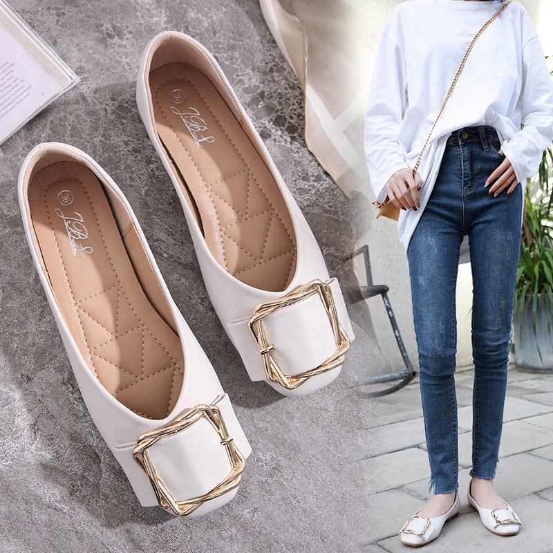 Giày bệt Nữ mũi vuông đế bằng đính khóa thời trang 001