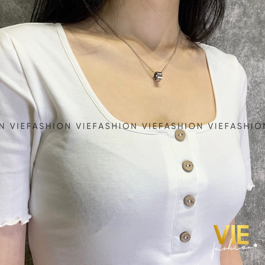 Áo Thun Nữ Cổ Vuông Đính Cúc Áo Phông Nữ Dáng Ôm Viền Bèo - HR 2105-03