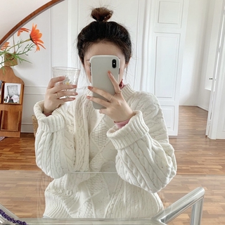 (ORDER) Áo len nữ cổ tròn form rộng len xoắn thừng ô kim cương dày dặn ấm áp Hàn Quốc