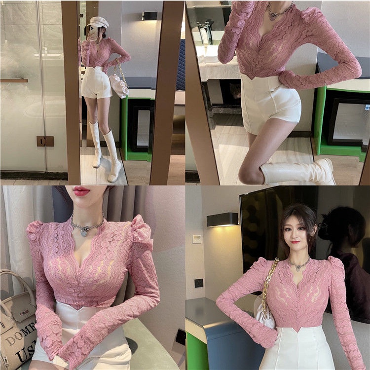 Áo Nhung Tay Dài Phồng Cổ Chữ V Thời Trang Thu Đông Mới